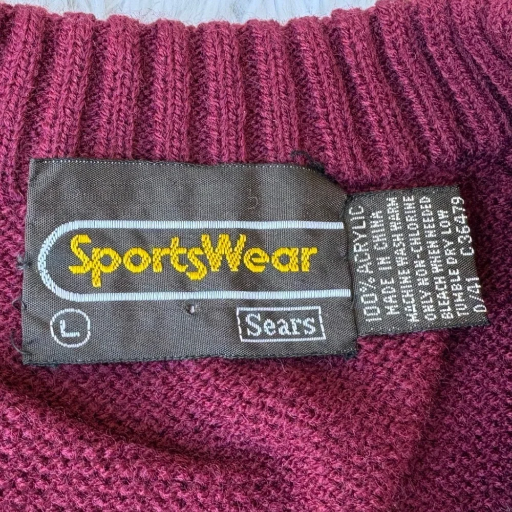 Vintage Mens Large Burgundy Cable Knit V-Neck Sweater Maroon Sears